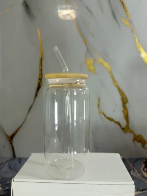 Vaso de Vidrio con Pitillo 500 ml | Diseño Liso + Tapa de Madera