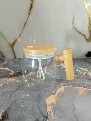 Pocillo Mezclador de Vidrio 500 ml | Con Tapa y Agarradera de Madera + Mezclador Integrado